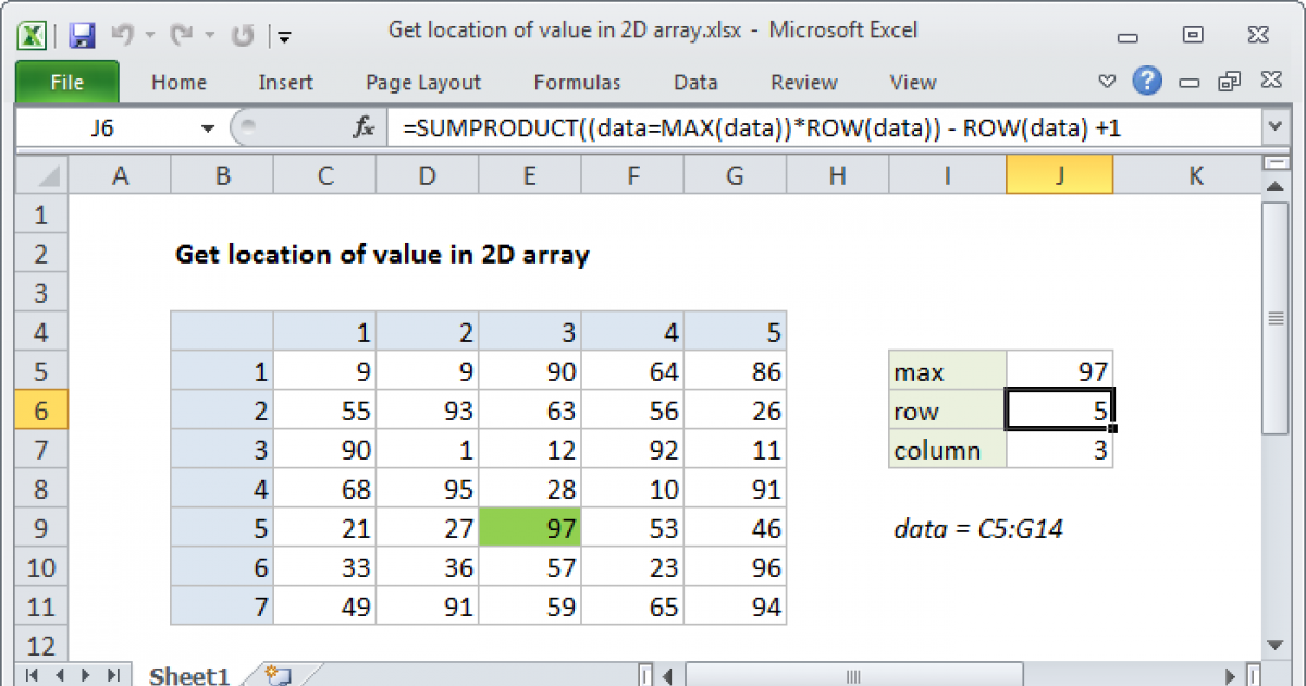 Get location of value in 2D array Excel formula Exceljet